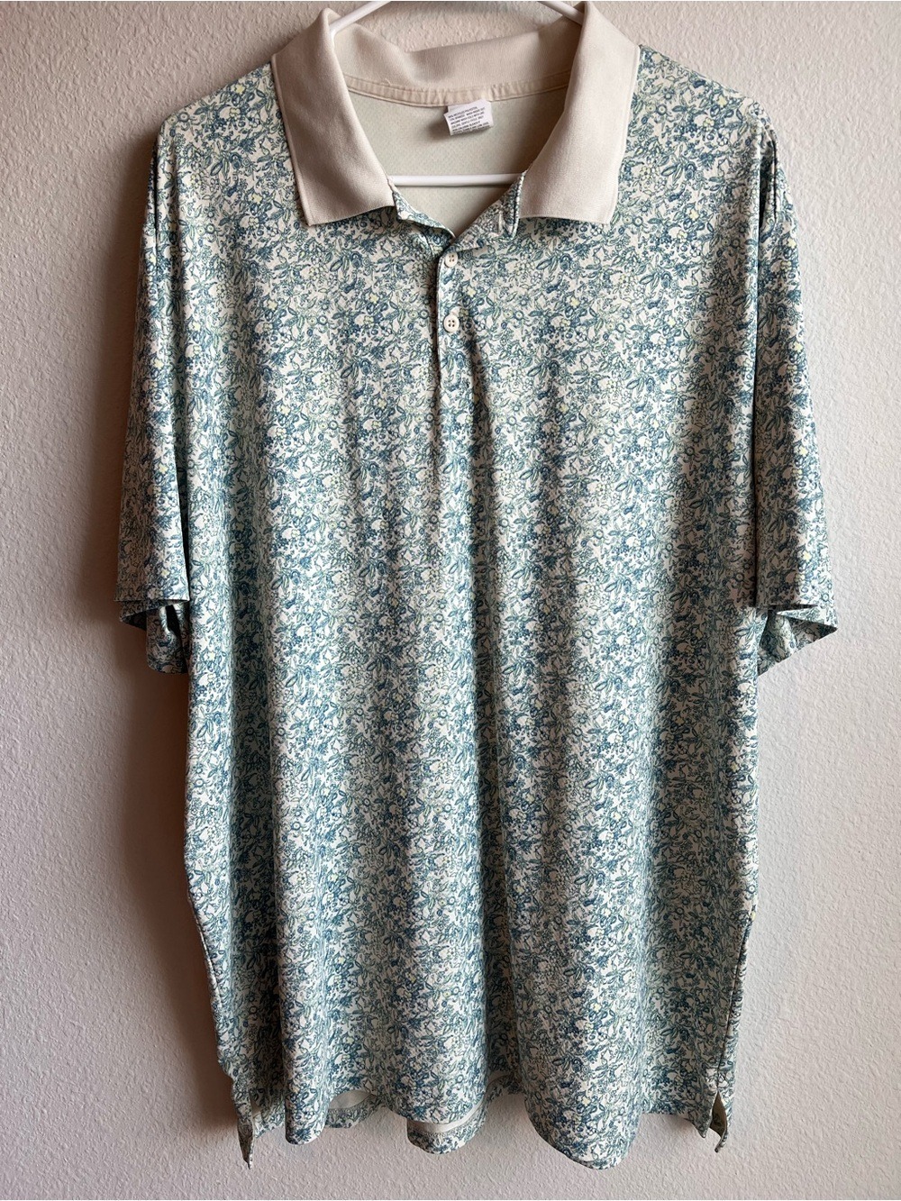 All In Motion Mens XXL Floral Polo Shirt Blue Cream Collar Activewear